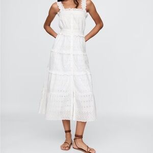 White Eyelet Midi Dress with Smocked Bodice